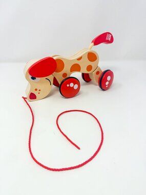 Hape 10" Pepe Walk-Along Puppy Wooden Pull Toy Dog Preschool Tail Wobbles German